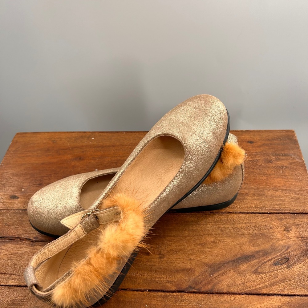 Naturino Gold Glitter Faux Fur Trim Mary Jane Flats Size 38